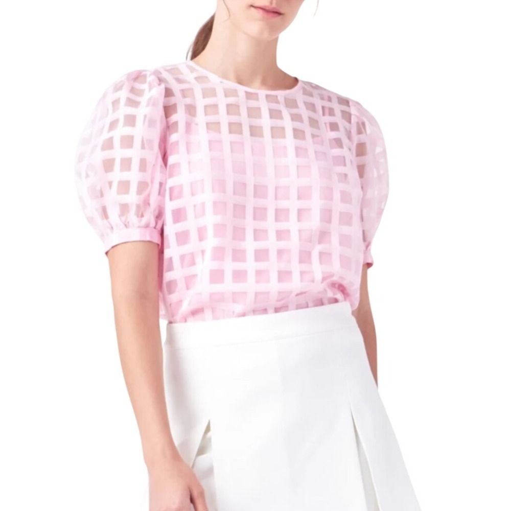 English Factory Blouse Womens Medium Pink Excellent Grid Puff Sleeve Organza Top